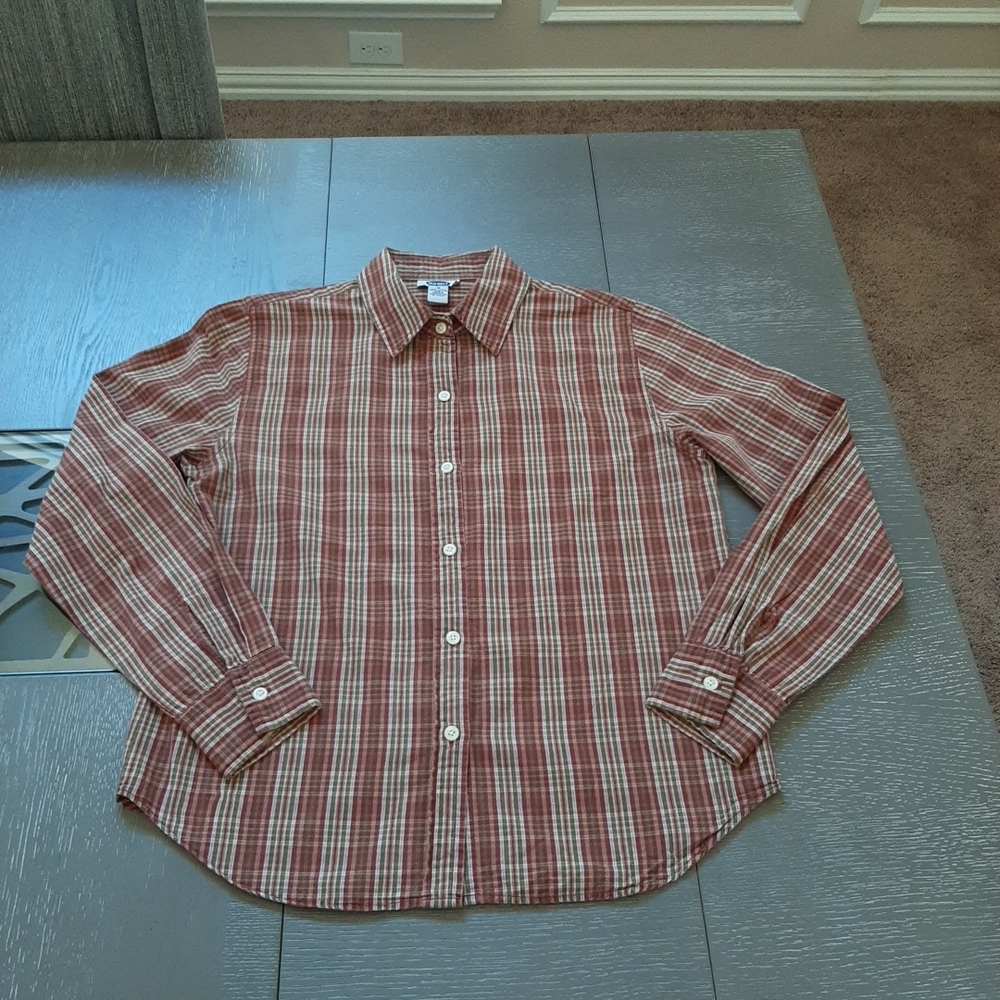Old Navy Men's Red and White Plaid Button Down Shirt